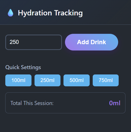 Hydration logging: track drinks in ml with quick-add presets